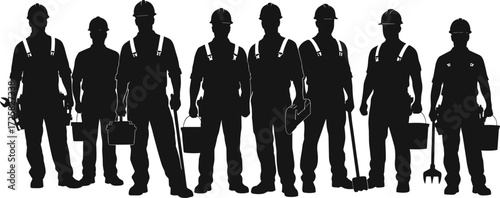 Construction workers silhouette, diverse trades, hard hats, tools, teamwork, industrial labor, maintenance crew, vector illustration for stock, black isolated graphic, editable