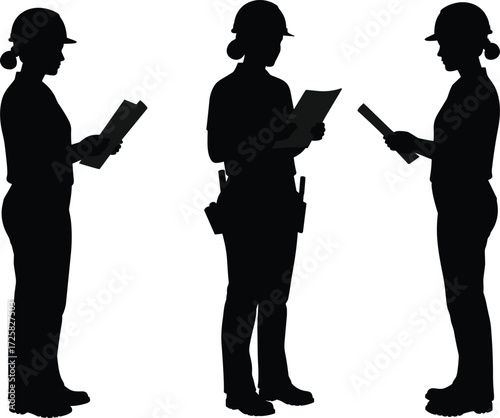Construction workers silhouette, hard hat professionals, site inspection, teamwork, industrial planning, safety protocol, engineering staff, clipboard review, occupational safety, vector illustration