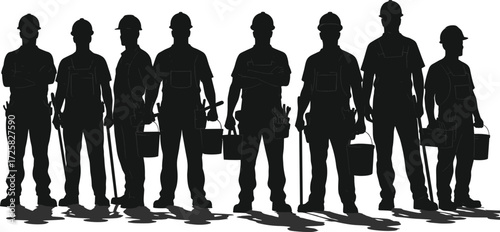 Construction workers silhouette, labor team in hard hats, industrial workforce, building crew with tools, teamwork, safety, infrastructure, vector illustration, black
