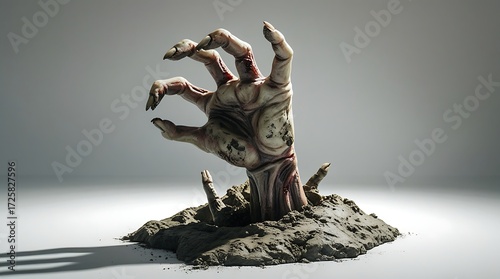 A highly detailed and realistic zombie hand prop is emerging from the ground, its pale, decaying skin and tattered flesh a stark contrast to the pristine white surface.