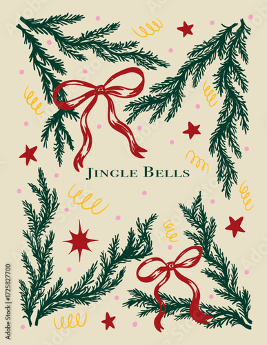 Christmas Greeting Card with Branches and Red Bows. Vector Illustrations. 