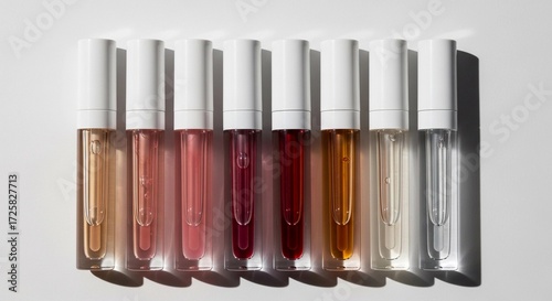 Eight tubes of lip oil arranged in a row. Each tube features a different shade, showcasing a glossy and dewy finish. Ideal for clean beauty enthusiasts.