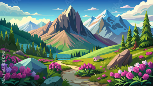 Splendid Sunny Landscape in Mountains. Fairytale Valley on Alpine highlands, with fresh Flowers Rhododendron. Amazing Natural Background. Wonderful Spring Scenery with Rock Peak under