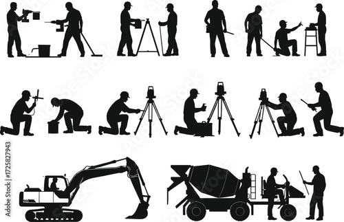 Construction workers, surveyors, heavy machinery, teamwork, silhouettes, site operations, vector illustration, engineering tools, excavation, cement mixer, wheelbarrow, tripod, teamwork