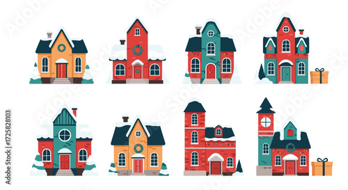 A collection of quaint festive houses with snow covered roofs.