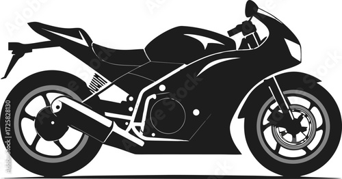 Black silhouette of a sport motorcycle with detailed engine and wheels