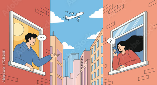 Two neighbors communicate through their windows about a passing airplane.