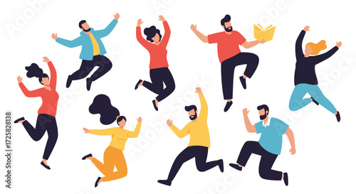 A diverse group of people jumping with joy and excitement.