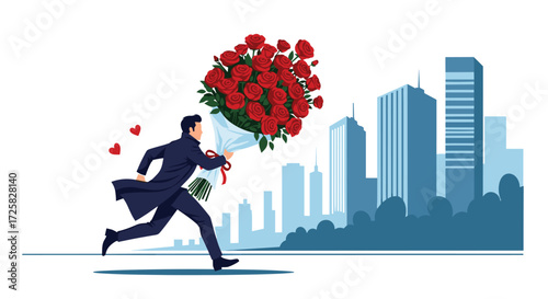 A man is running with a large bouquet of red roses for his loved one in the city.