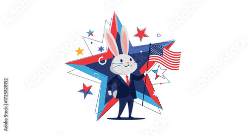 A rabbit in a suit waves a flag in front of a star.