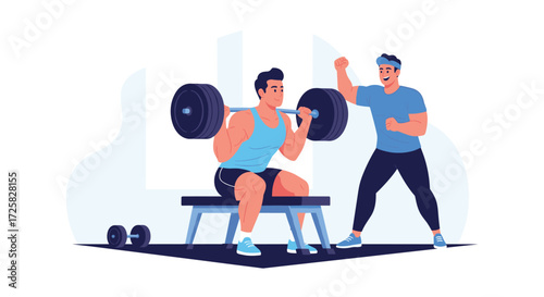 A trainer motivates a person performing barbell squats on a weightlifting bench.