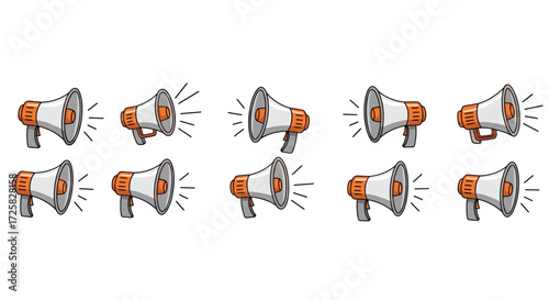 A collection of megaphones in various cartoonish poses broadcasting their sound waves.
