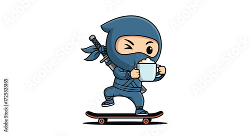 Cute ninja character on skateboard enjoying a coffee.
