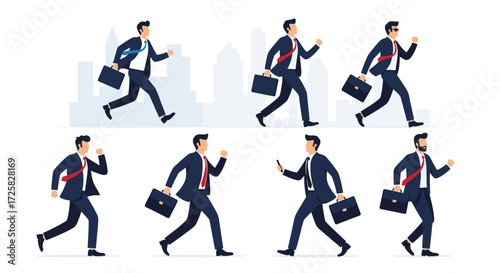 A group of businessmen running with briefcases in a city.