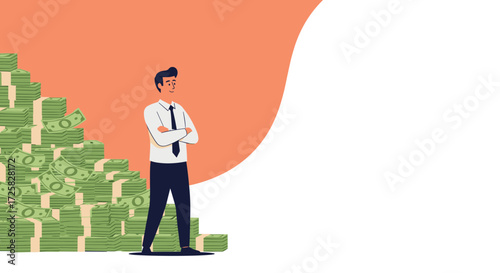Man standing next to a huge pile of money.