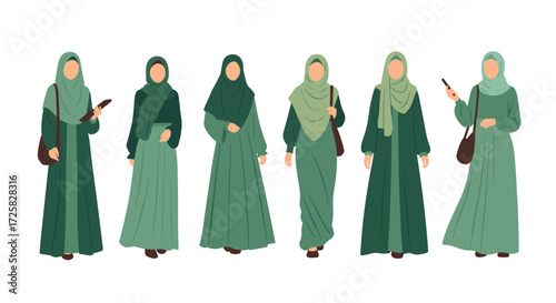 Six women wearing green hijabs and dresses.