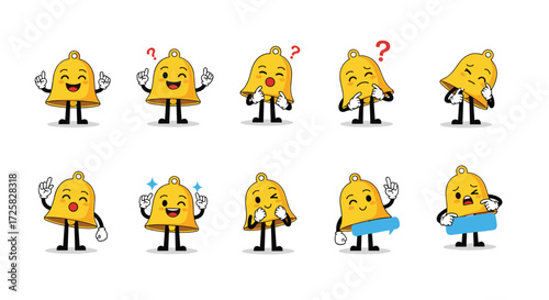 A set of ten cute cartoon bells with different facial expressions and poses.