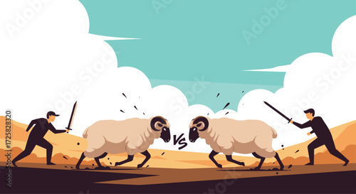 Two rams with swords facing off against each other in a duel.