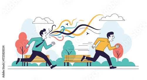 Man running away from another man coughing in a park.