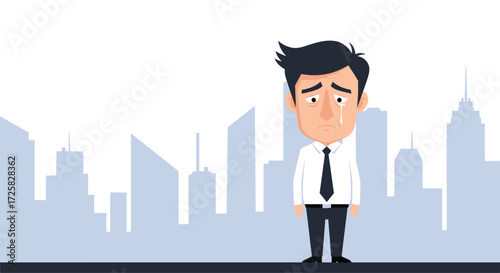 A cartoon businessman is crying with a city skyline in the background.