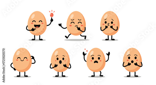Cute cartoon eggs expressing various emotions and actions.