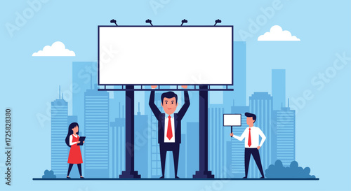 Businesspeople presenting blank billboard and ideas for advertising.