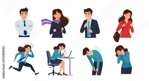 Illustrations of people experiencing stress and exhaustion from work related activities.