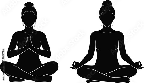 Meditation silhouette, yoga pose vector, spiritual woman illustration, mindfulness clipart, peaceful posture, wellness design, calm practice, mudra gesture, stock art