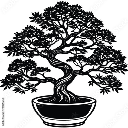Elegant black and white illustration of a stylized bonsai tree in a simple pot perfect for minimalist designs and asian inspired themes