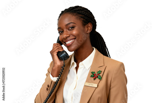 Smiling African American Receptionist Answering Phone, White Background