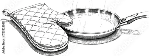 Quilted oven mitt and steaming frying pan, kitchen illustration