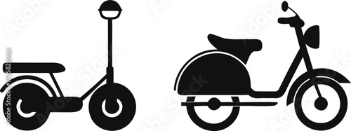 Black silhouettes of electric scooter and vintage scooter