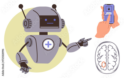 Robot with medical icon gestures toward a smartphone unlocking screen and a brain diagram. Ideal for AI, security, healthcare, technology, innovation, apps, neural networks. Simple flat metaphor