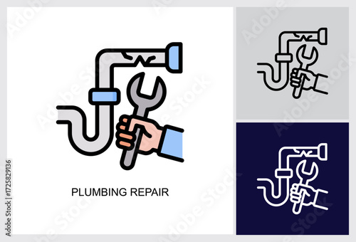 Plumbing Repair Icon.Style Is A Lineal Color Graphic Symbol In Black, lineal color, White Color Variants 