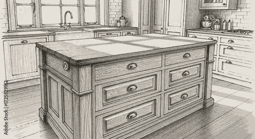 Detailed kitchen island, drawers and cabinets, pencil sketch