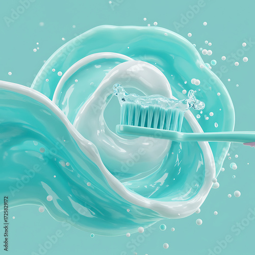 Toothbrush applying toothpaste in swirling turquoise liquid  