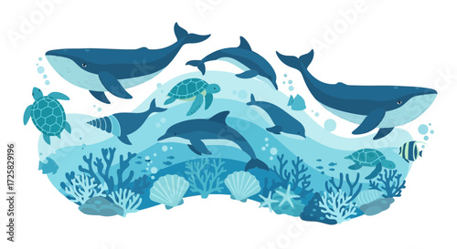 Ocean wildlife scene with whales, dolphins, turtles, and coral reef.