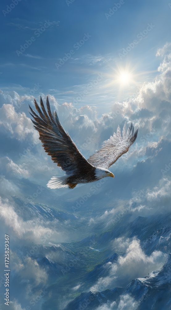 Obraz premium Majestic eagle soars above a breathtaking vista of mountainous terrain, nestled within a swirling expanse of clouds, bathed in the radiant glow of a bright sun.