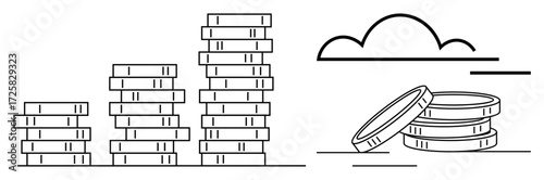 Stacks of coins increasing in height and lying flat nearby with a cloud above, indicating financial growth, investment, planning, wealth accumulation, stability, profitability, achieving goals. A