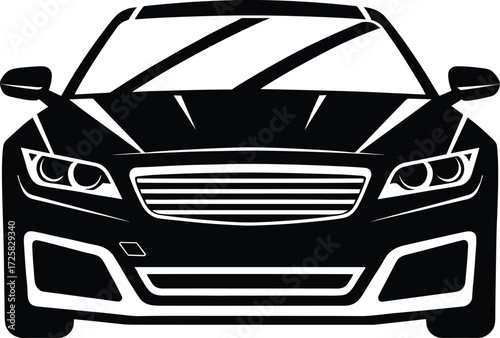 Modern car front view vector, luxury vehicle silhouette, black and white auto design, sleek headlights, wide grille, sporty bumper, automotive illustration
