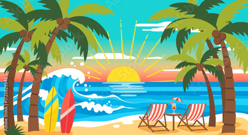 Tropical beach scene at sunset with palm trees, surfboards, and beach chairs.
