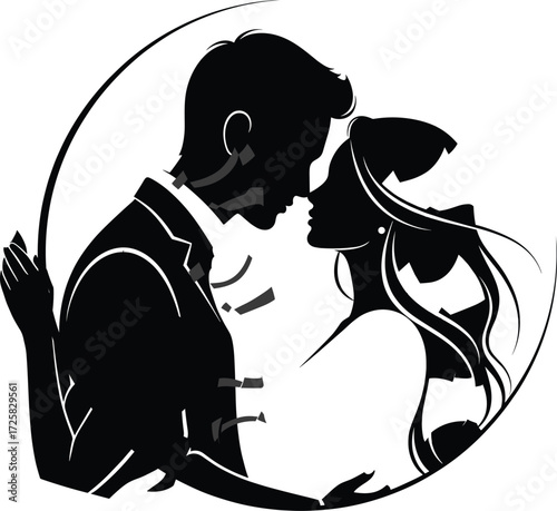Romantic couple silhouette, intimate pose, love illustration, emotional connection, black and white vector, man and woman, relationship art, circular frame design