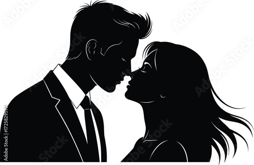 Romantic couple silhouette, man and woman facing each other, love moment, emotional connection, black and white vector, intimate pose, stock illustration