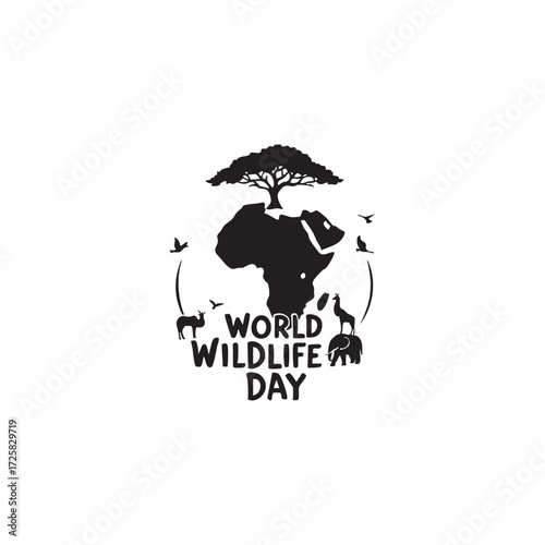 World Wildlife Day illustration with African animals and continent silhouette, black vector design for nature and conservation themes