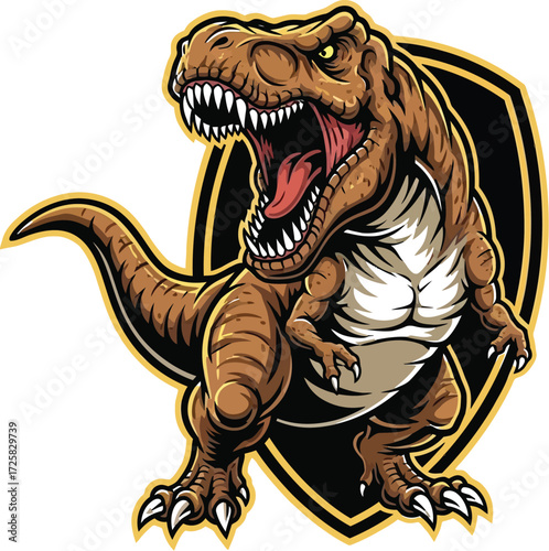 Cartoon Tyrannosaurus Rex Roaring with Shield, Mascot, Aggressive