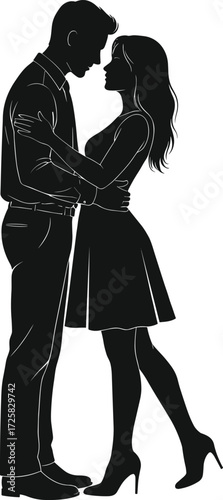Romantic couple silhouette, man and woman standing close, love pose, emotional connection, black vector art, relationship concept, affectionate moment, stock illustration