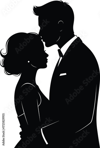Romantic couple silhouette, man kissing woman’s forehead, love moment, emotional connection, black vector art, intimate pose, relationship concept, stock illustration
