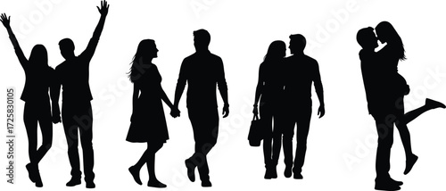 Romantic couple silhouettes, walking, hugging, embracing, joyful poses, relationship moments, love expressions, vector illustration, black silhouettes, people interaction, stock art