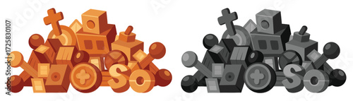 Assortment of Colorful Wooden Toy Shapes and Letters with Grayscale Version alphabet illustration. 