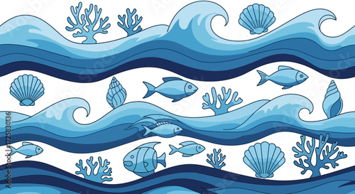 A vibrant illustration of an underwater scene with stylized blue waves, coral reefs, and various seashells and fish swimming.